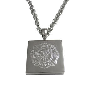 Silver Toned Etched Fire Fighter Emblem Necklace